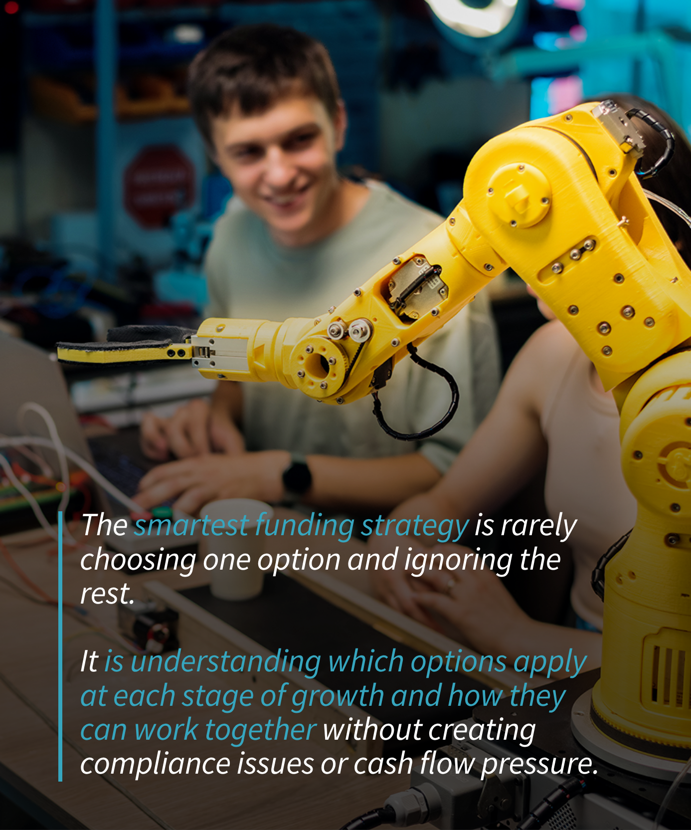 A yellow robotic arm in a technology workspace with a quote about combining funding pathways